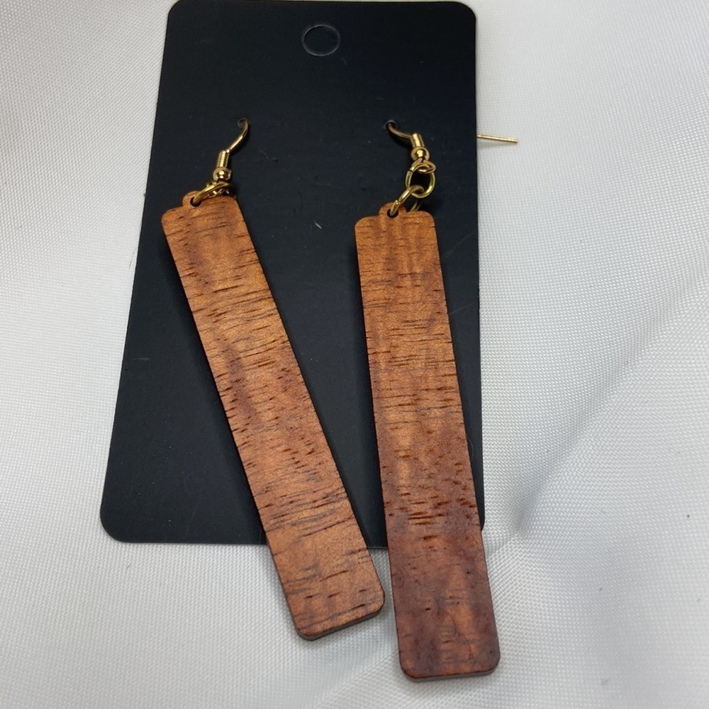Hand Crafted Triangle Wooden Bar Laser Cut Hawaii Island Wood Pierced Earrings - Picture 4 of 5